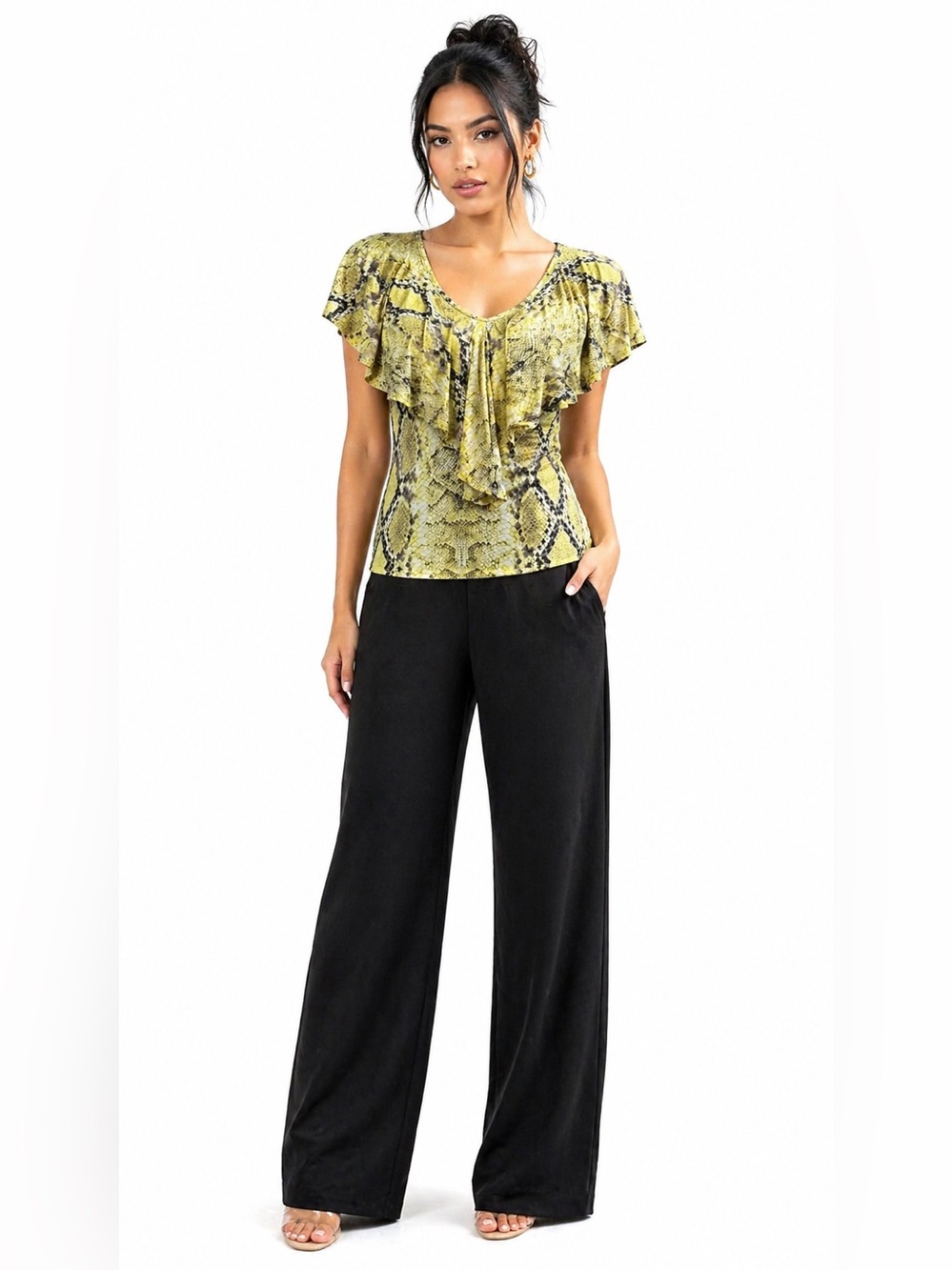 Women's Yellow Snake-Print Ruffle Top